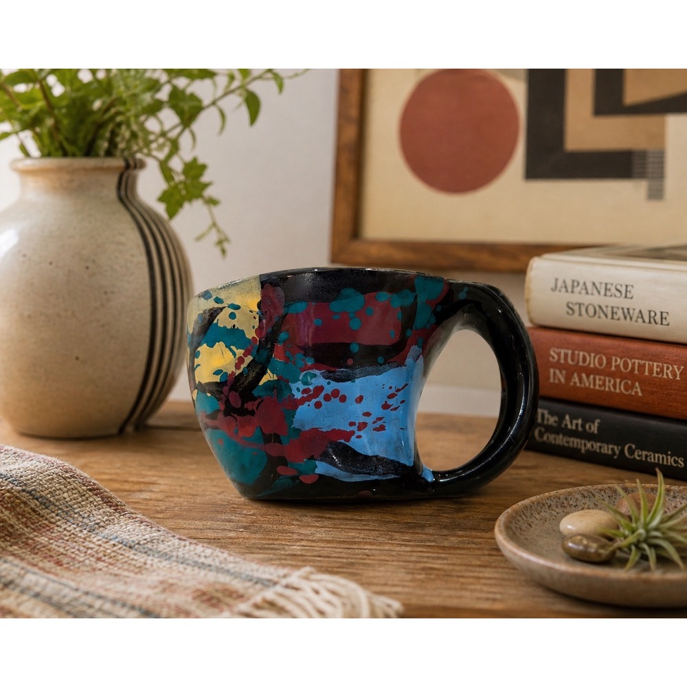 Studio Pottery Mug Black Multi Good Abstract Splatter Ribbed Ceramic 80S 90S